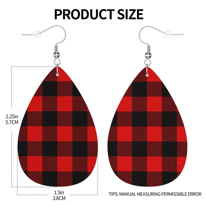 Red & Black Buffalo Plaid Faux Leather Earrings