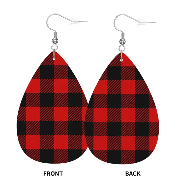 Red & Black Buffalo Plaid Faux Leather Earrings