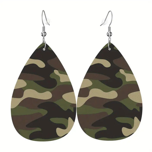 Military Teardrop Faux Leather Earrings