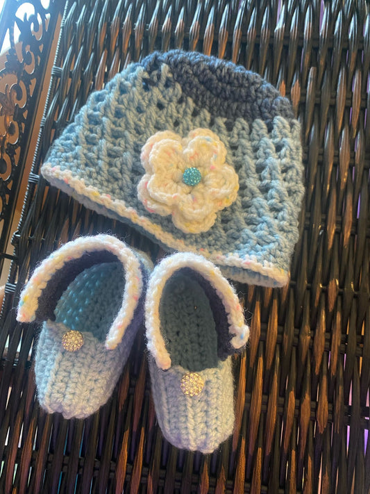 Handmade Crochet Baby Hat & Booties Set – Blue & Navy with Pastel Flower | Soft Newborn Gift