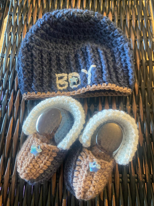 Handmade Crochet Baby Boy Hat & Booties Set | Navy "BOY" Beanie & Brown Booties | Newborn Gift Set