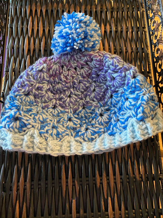 Handmade Blue & Purple Crochet Baby Beanie with Pom-Pom | Soft Winter Hat | Newborn to 6 Months