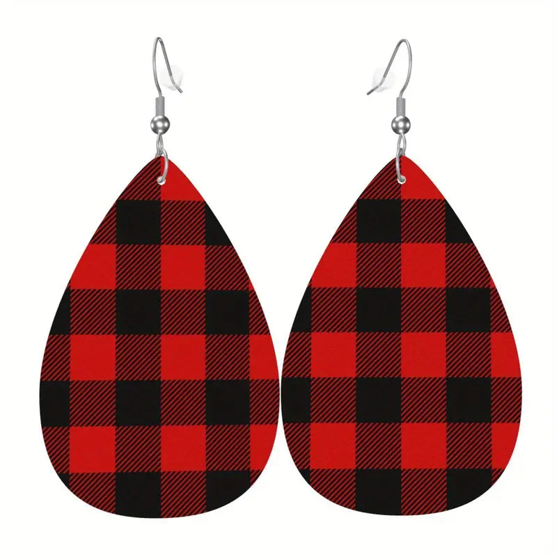 Red & Black Buffalo Plaid Faux Leather Earrings