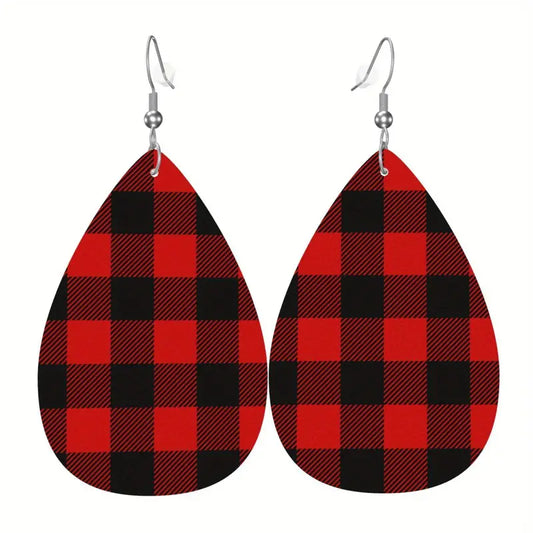 Red & Black Buffalo Plaid Faux Leather Earrings