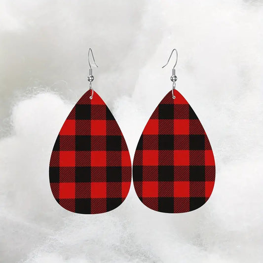 Red & Black Buffalo Plaid Faux Leather Earrings